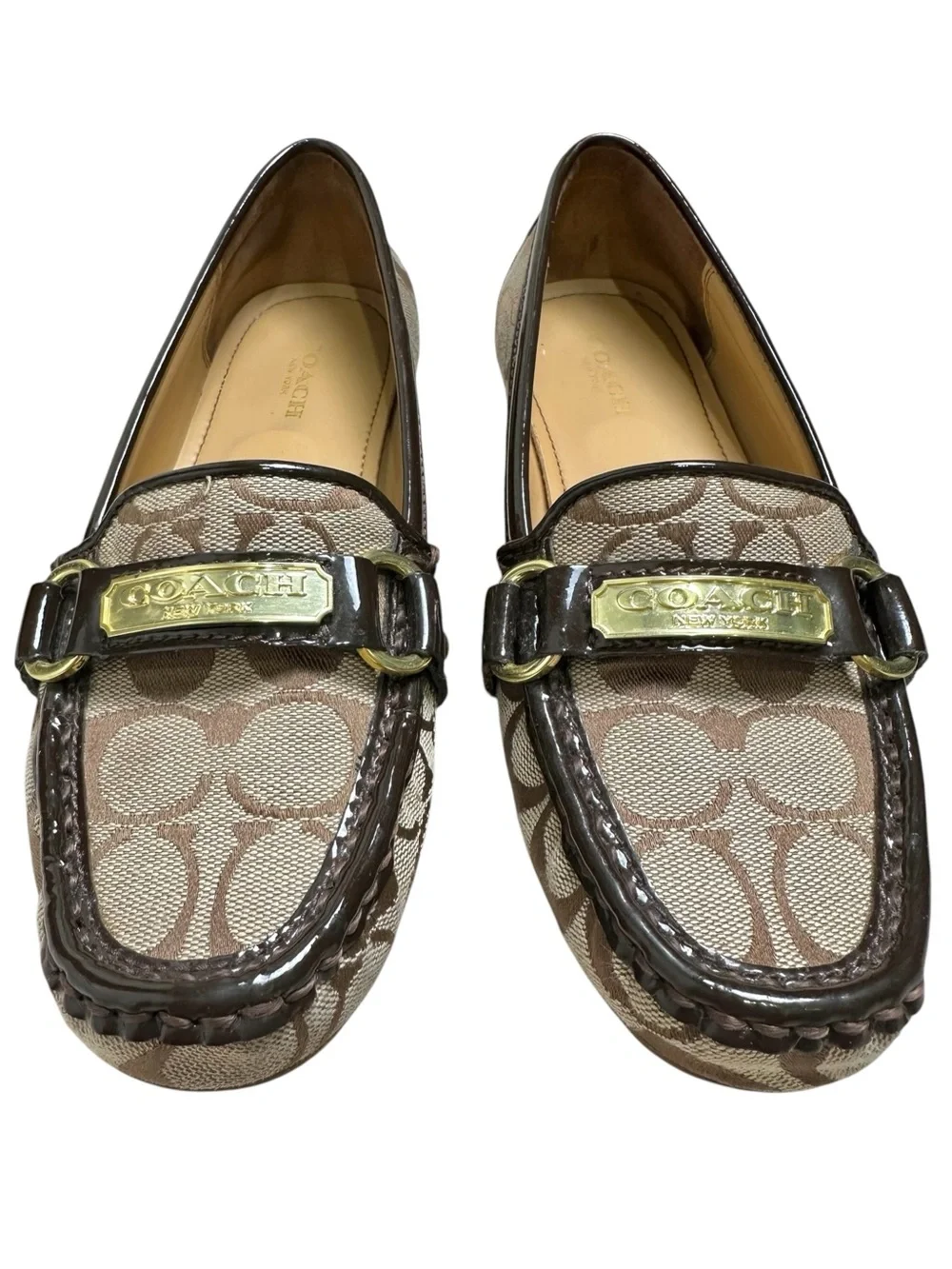 Coach Women’s 6.5B Felisha Signature C Canvas Beige & Brown Leather Trim Loafers